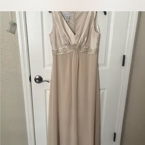 David's Bridal Cream Maxi Dress with Gold Accents